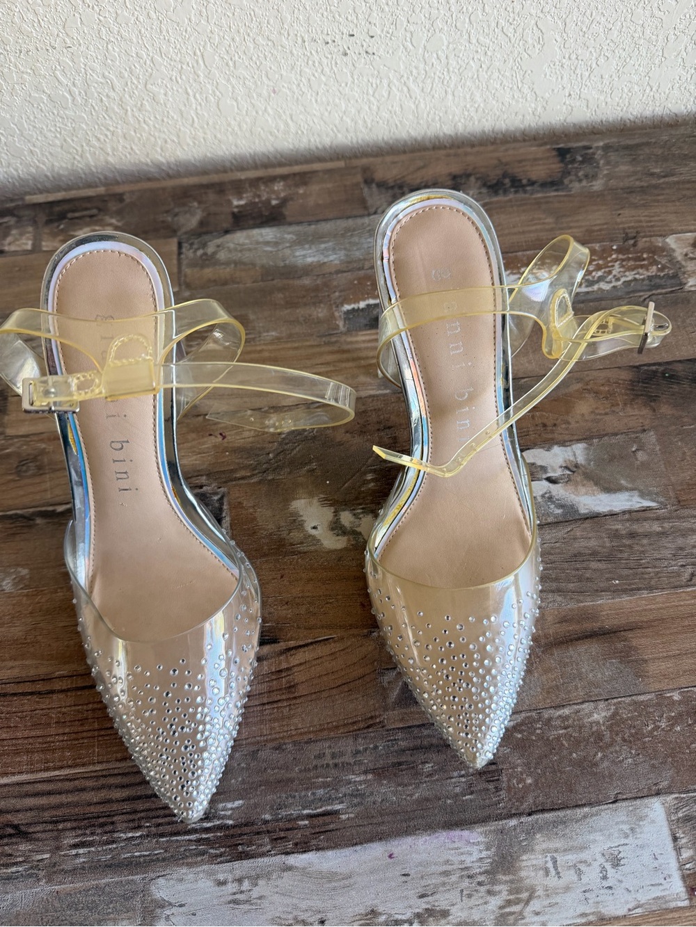 Gianni Bini Clear Pointed Toe Mules with Yellow Ankle Straps and Rhinestones